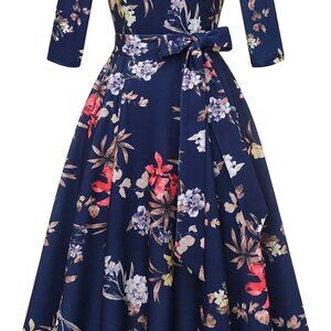 Cocktail Dress Women's Vintage Wedding Guest 3/4 Sleeves Formal Church Navy